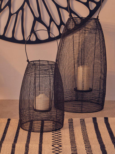 Orsina Trento Small Black Metal Lantern – Modern Glass Pillar Candle Holder