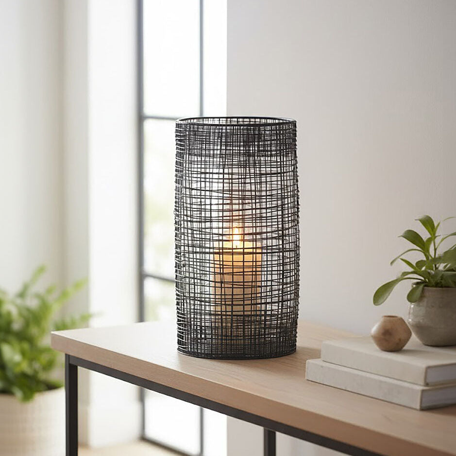 Orsina Trento Tall Cylindrical Lantern – Black Wire & Glass Candle Holder
