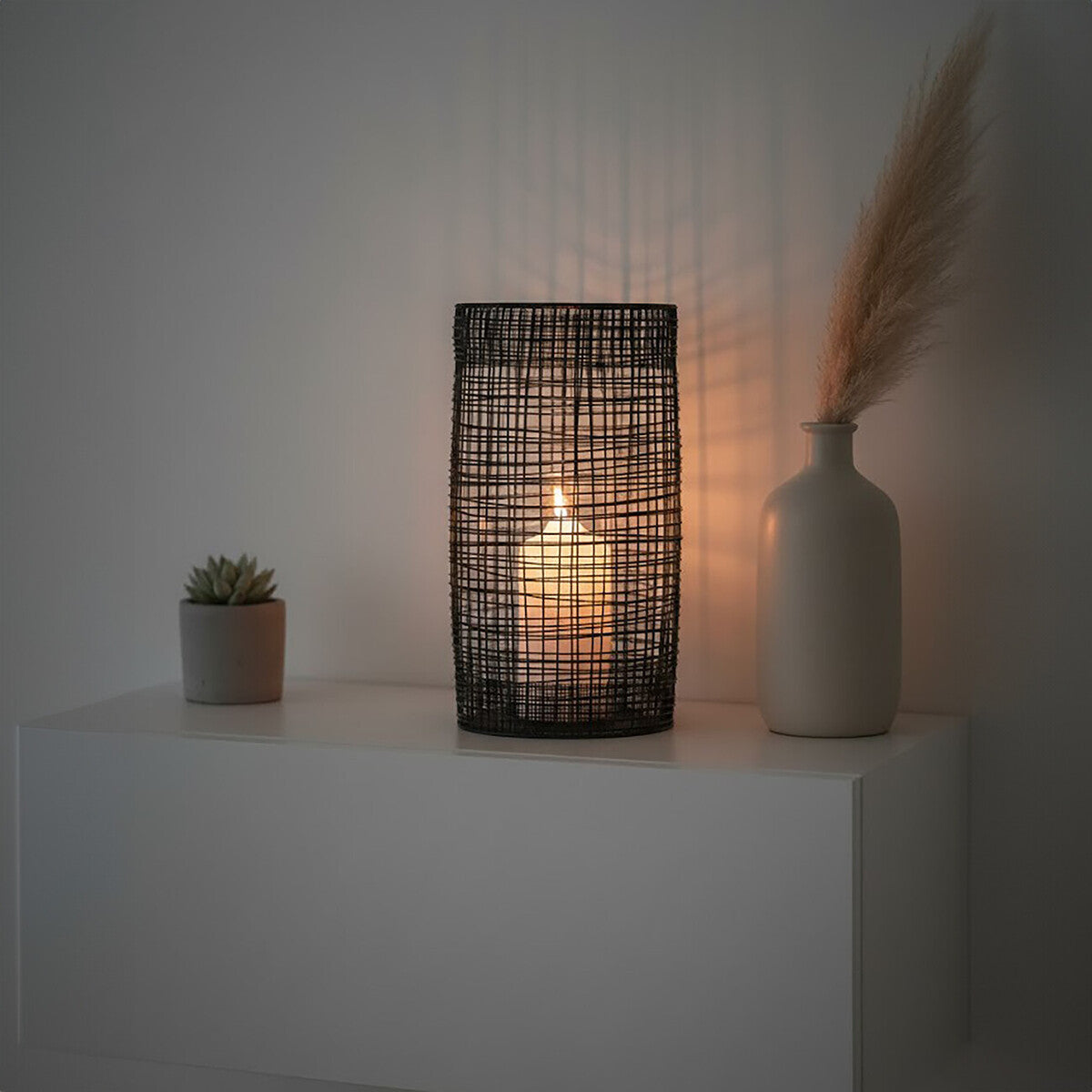 Orsina Trento Tall Cylindrical Lantern – Black Wire & Glass Candle Holder