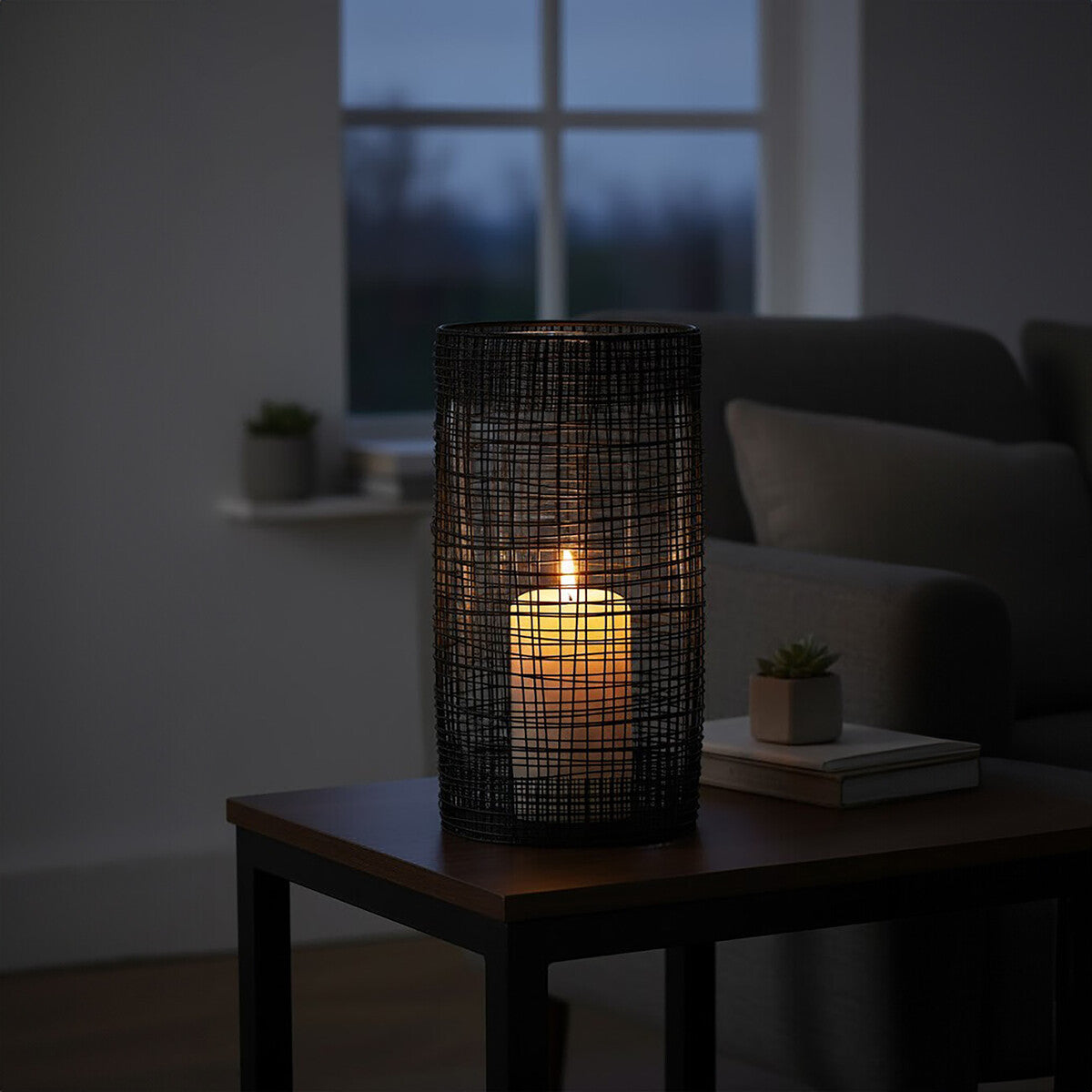 Orsina Trento Tall Cylindrical Lantern – Black Wire & Glass Candle Holder