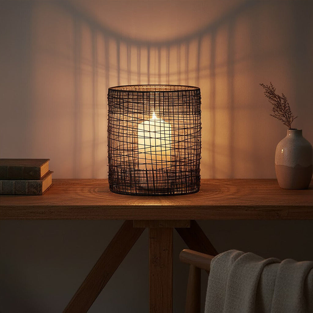 Orsina Trento Cylindrical Lantern – Black Metal & Glass Candle Holder