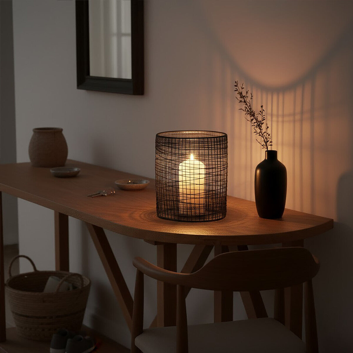 Orsina Trento Cylindrical Lantern – Black Metal & Glass Candle Holder