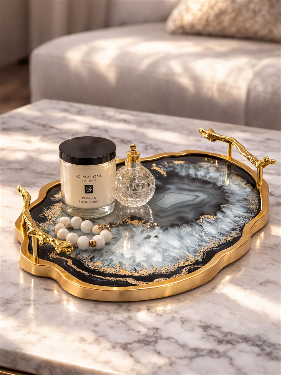 Orsina Celina Agate Serving Tray | Black and Gold Decorative Platter