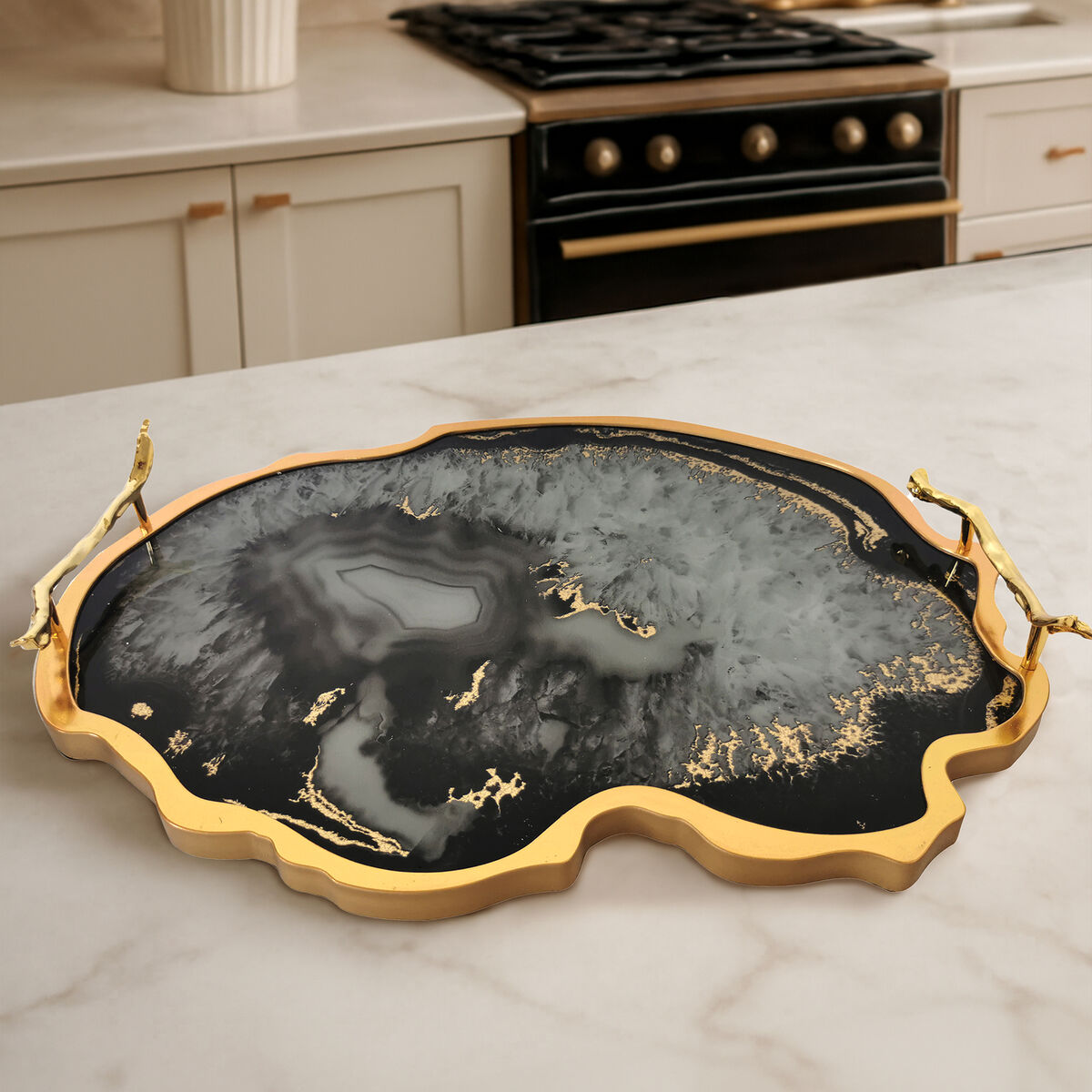 Orsina Celina Agate Serving Tray | Black and Gold Decorative Platter