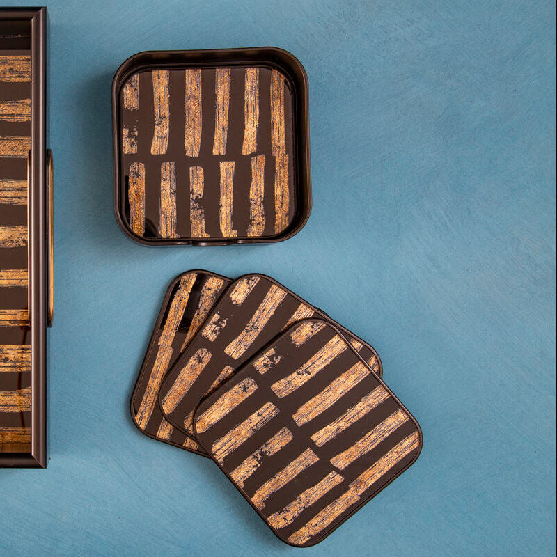 Orsina Celina Square Black and Gold Coasters – Set of 4 Glass Composite