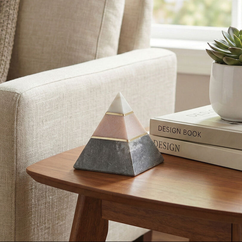 Orsina Kira Marble Pyramid Sculpture – White and Pink Stone Decor