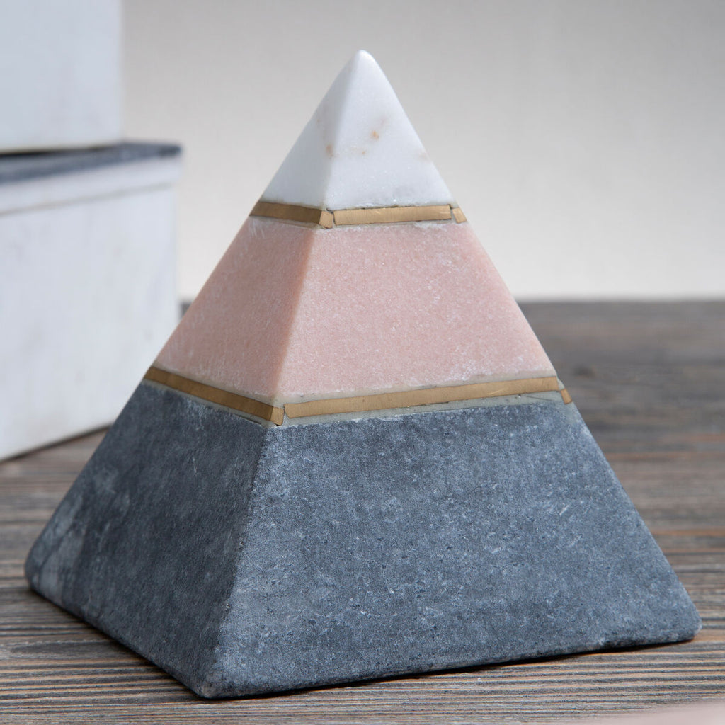 Orsina Kira Marble Pyramid Sculpture – White and Pink Stone Decor