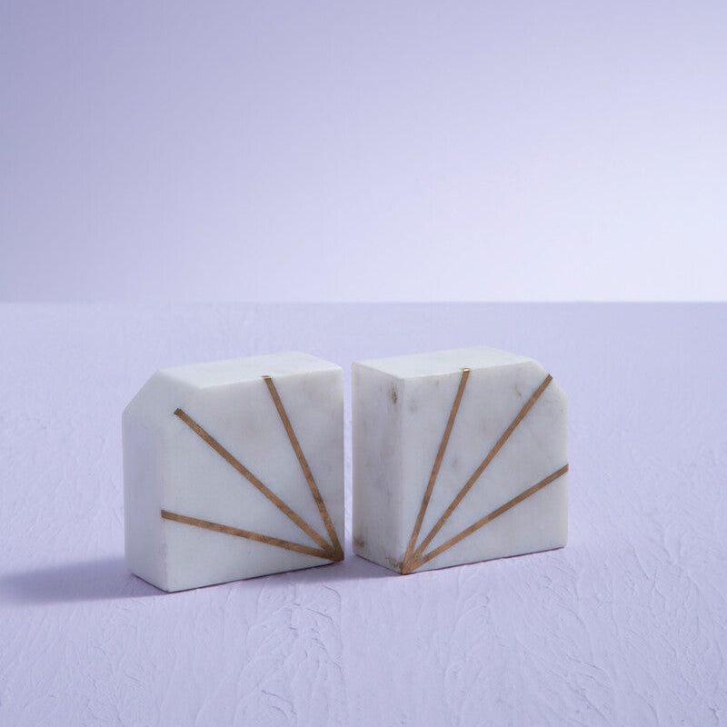 Orsina Sena White Marble and Gold Bookends with Brass Inlay