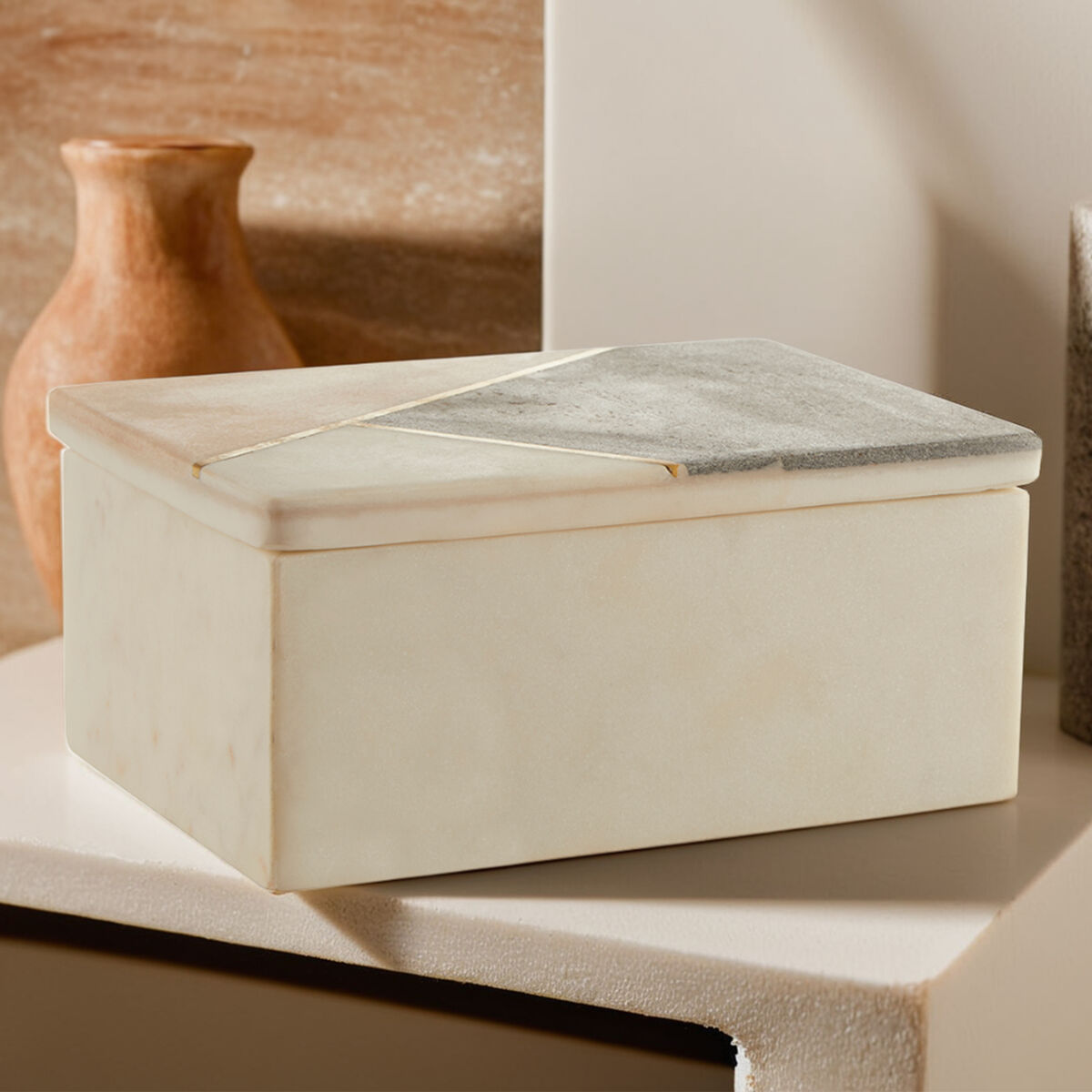 Orsina Kira Large Marble Trinket Box – White & Pink Stone Jewelry Case