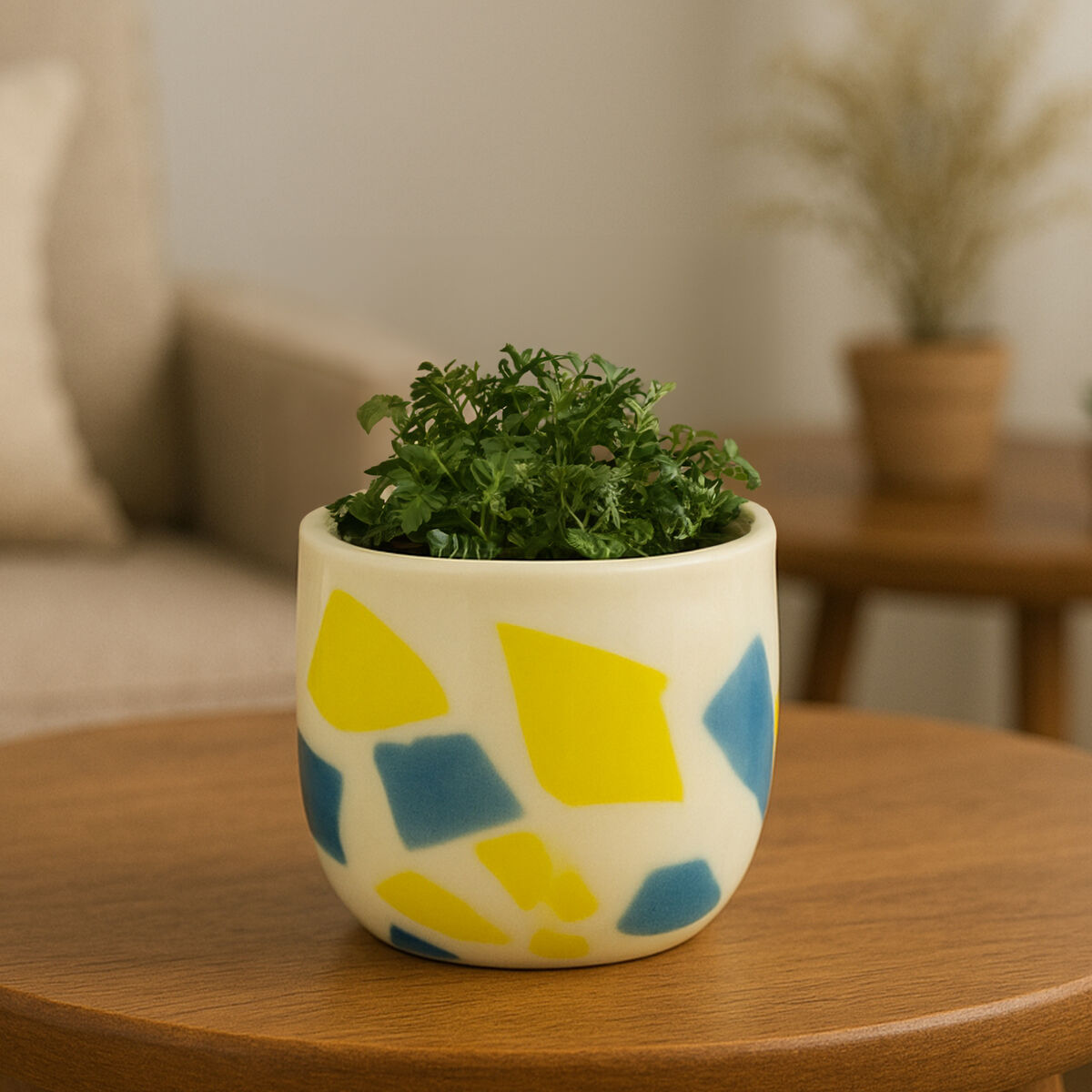 Orsina Carra Glass Planter – Abstract Yellow & Blue Design Pot