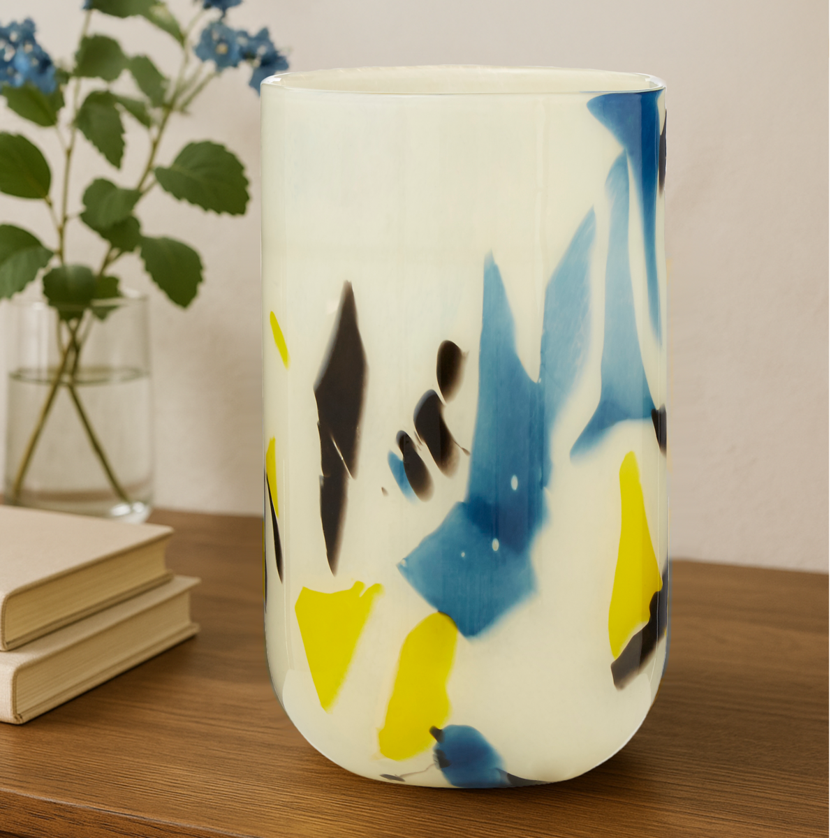 Orsina Carra Small Glass Vase – Abstract Off-White & Blue Decor