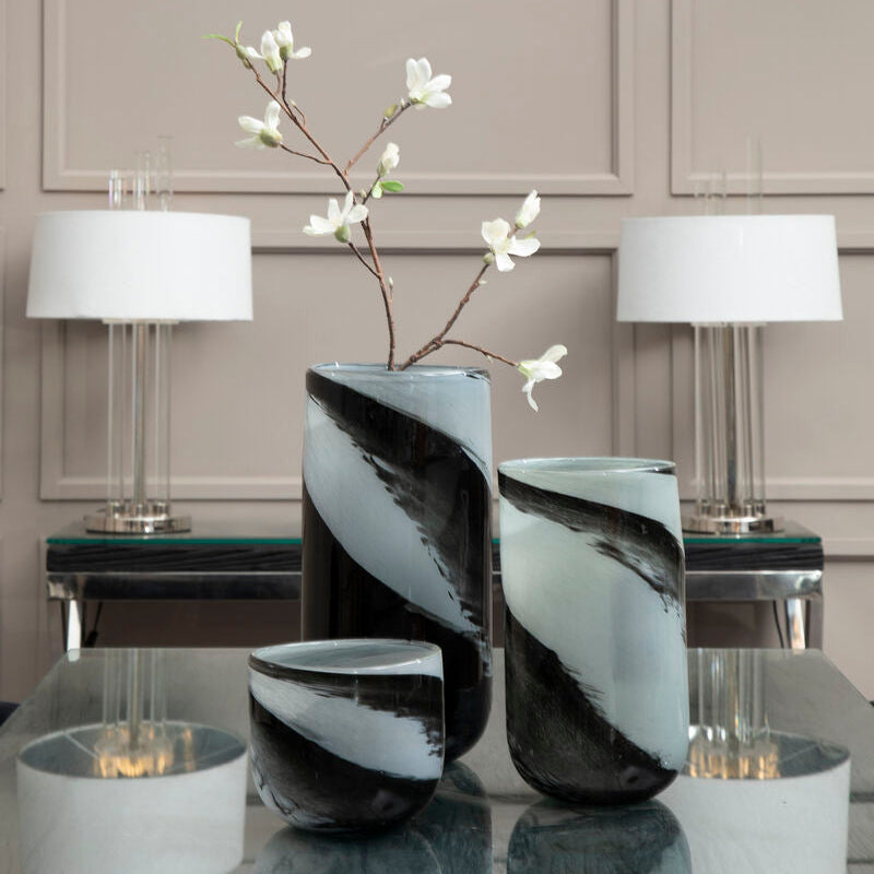 Orsina Carra Large Glass Vase – Grey and Black Brushstroke Decor