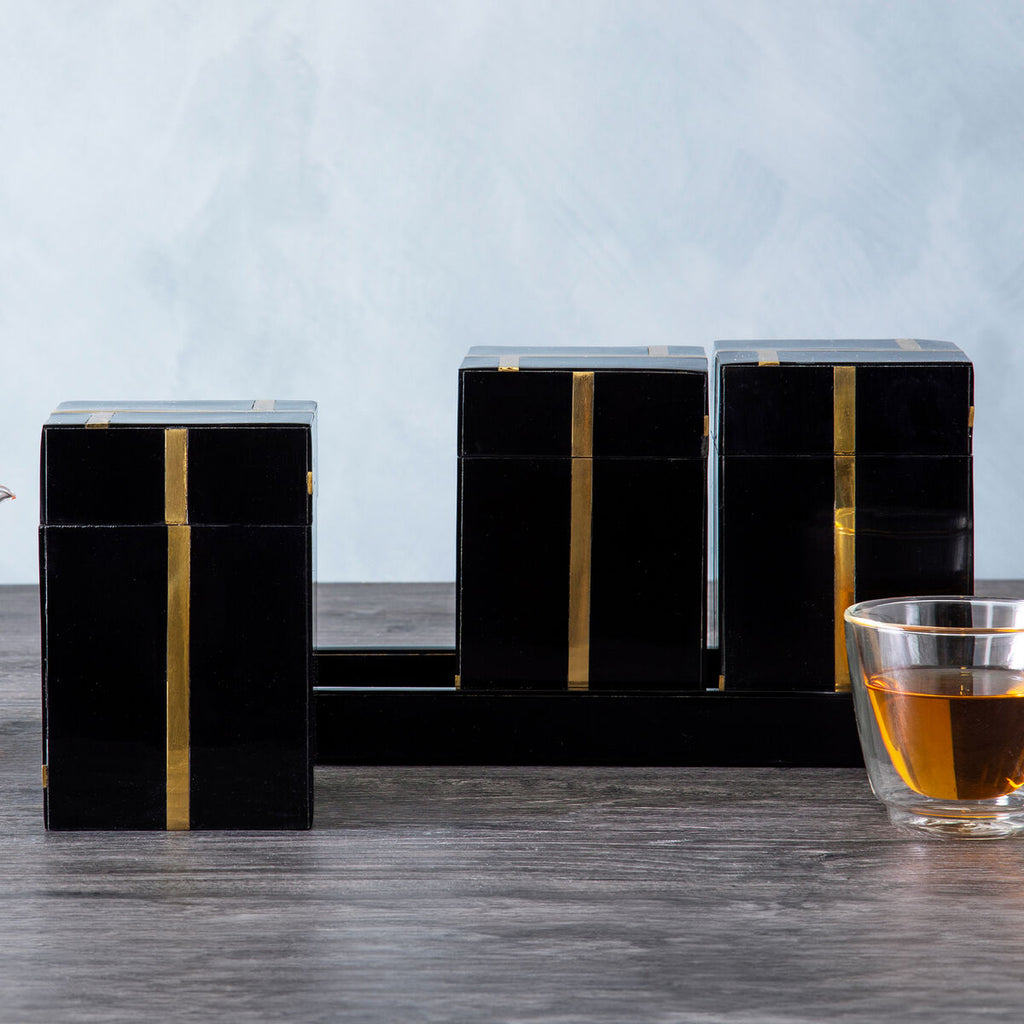 Orsina Odell Black and Gold Resin Jars with Tray - Set of 3