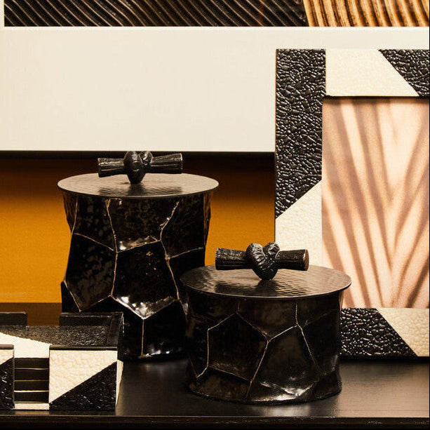 Orsina Akola Trinket Box – Black and Gold Hammered Steel Organizer