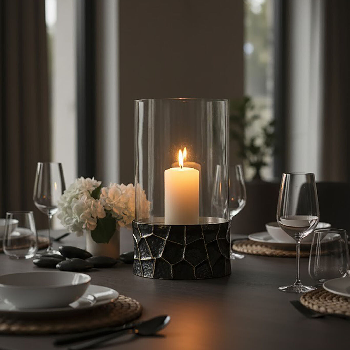 Orsina Akola Black and Gold Large Hurricane Candle Holder | Steel & Glass