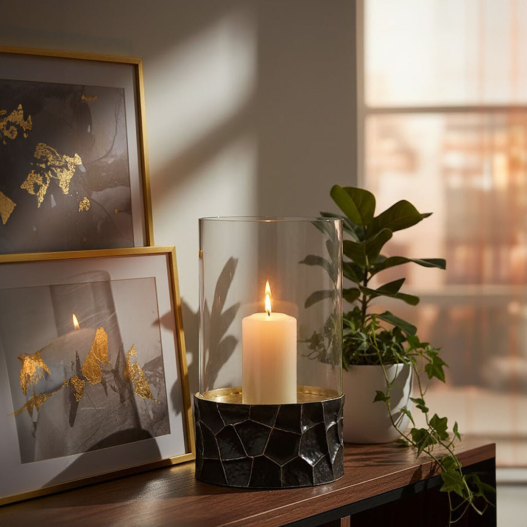Orsina Akola Black and Gold Large Hurricane Candle Holder | Steel & Glass