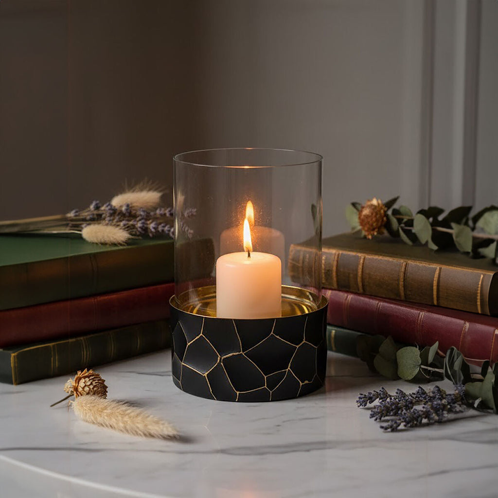 Orsina Akola Hurricane Candle Holder – Black and Gold Hammered Metal