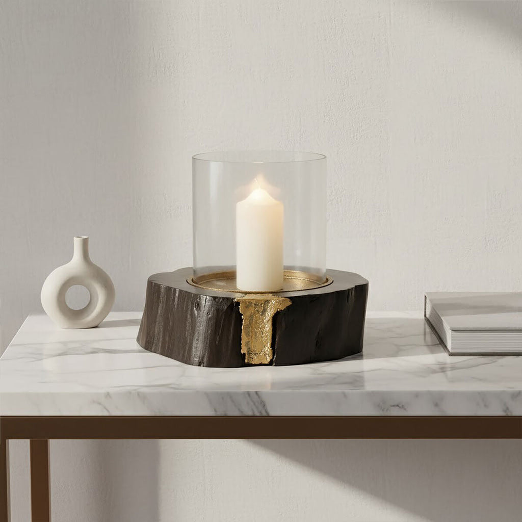 Orsina Asamra Large Hurricane Candle Holder | Black Acacia & Gold