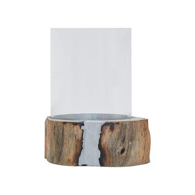 Orsina Almora Small Acacia Wood and Glass Hurricane Candle Holder