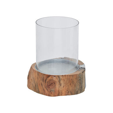 Orsina Almora Small Acacia Wood and Glass Hurricane Candle Holder