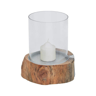 Orsina Almora Small Acacia Wood and Glass Hurricane Candle Holder