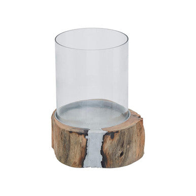 Orsina Almora Small Acacia Wood and Glass Hurricane Candle Holder