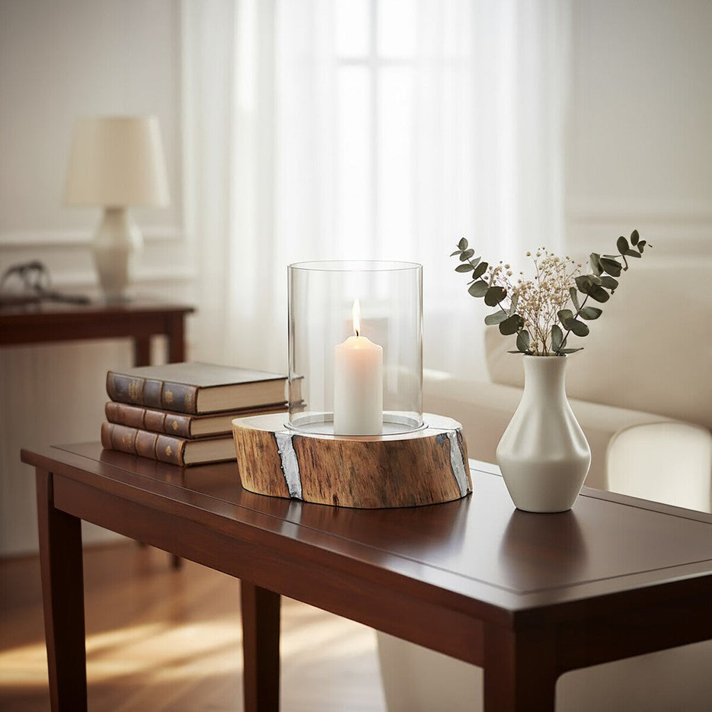 Orsina Almora Large Acacia Wood and Glass Hurricane Candle Holder