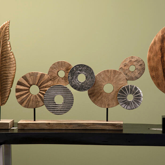 Orsina Element 7 Disc Wooden Sculpture – Mango Wood & Silver Decor