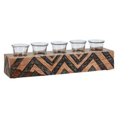 Orsina Bantu Mango Wood Tealight Holder – 5-Glass Tribal Centerpiece