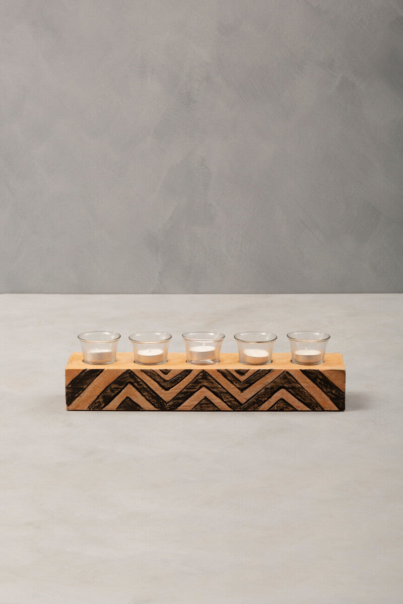 Orsina Bantu Mango Wood Tealight Holder – 5-Glass Tribal Centerpiece