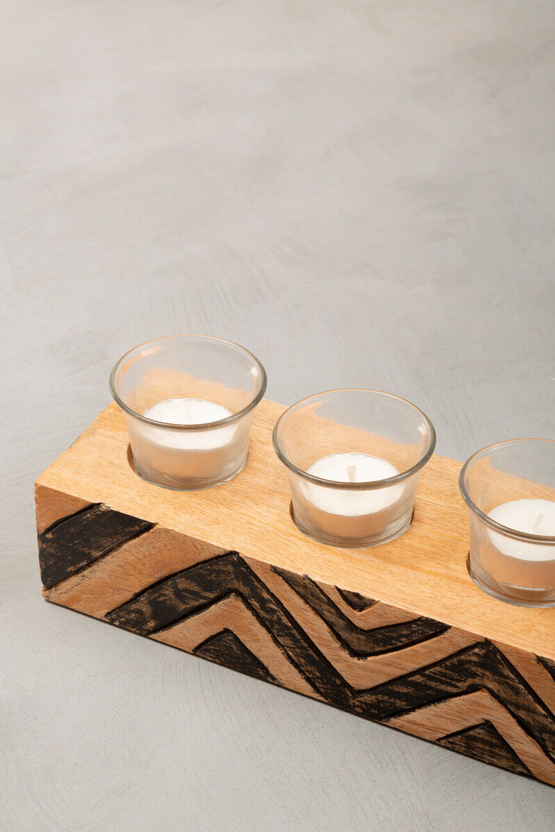Orsina Bantu Mango Wood Tealight Holder – 5-Glass Tribal Centerpiece