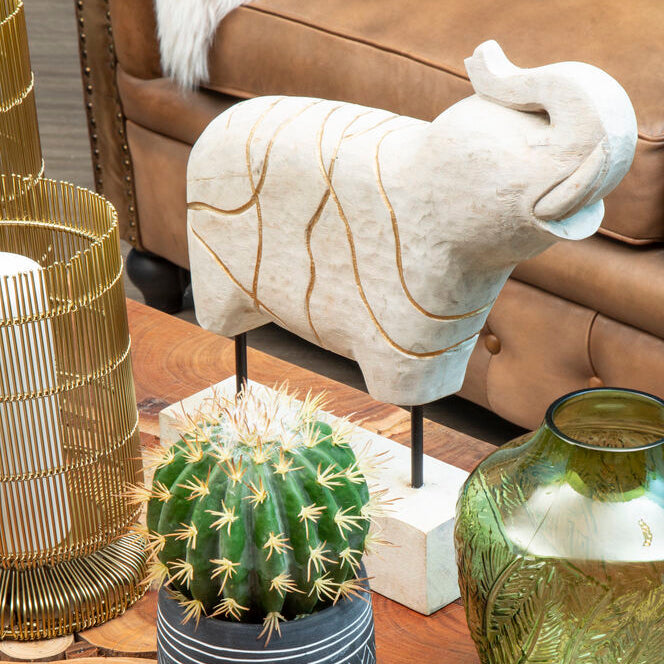 Orsina Vena Mango Wood Elephant Sculpture | Whitewash & Gold Finish