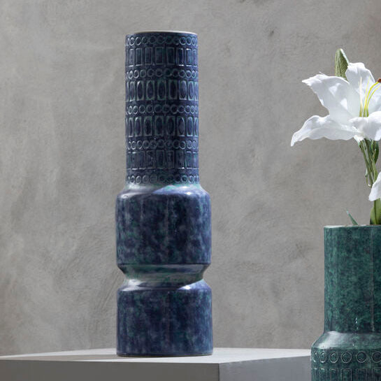 Orsina Ciano Large Earthenware Vase – Speckled Teal Geometric Decor