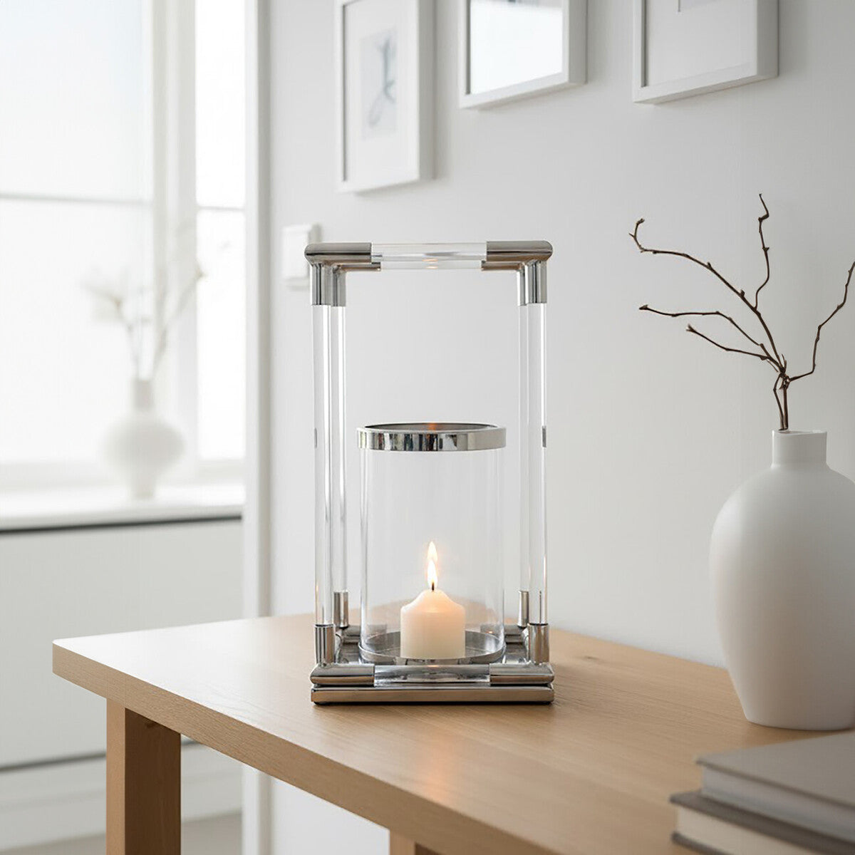 Orsina Lucita Large Silver Candle Holder | Modern Acrylic & Steel