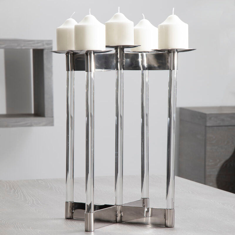 Orsina Lucita Silver Candelabra – 5-Sconce Stainless Steel Centerpiece