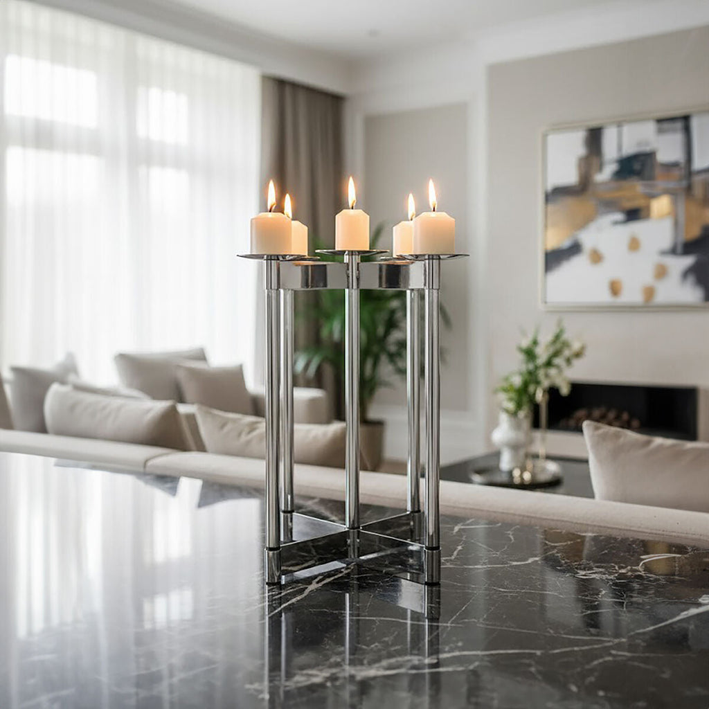 Orsina Lucita Silver Candelabra – 5-Sconce Stainless Steel Centerpiece