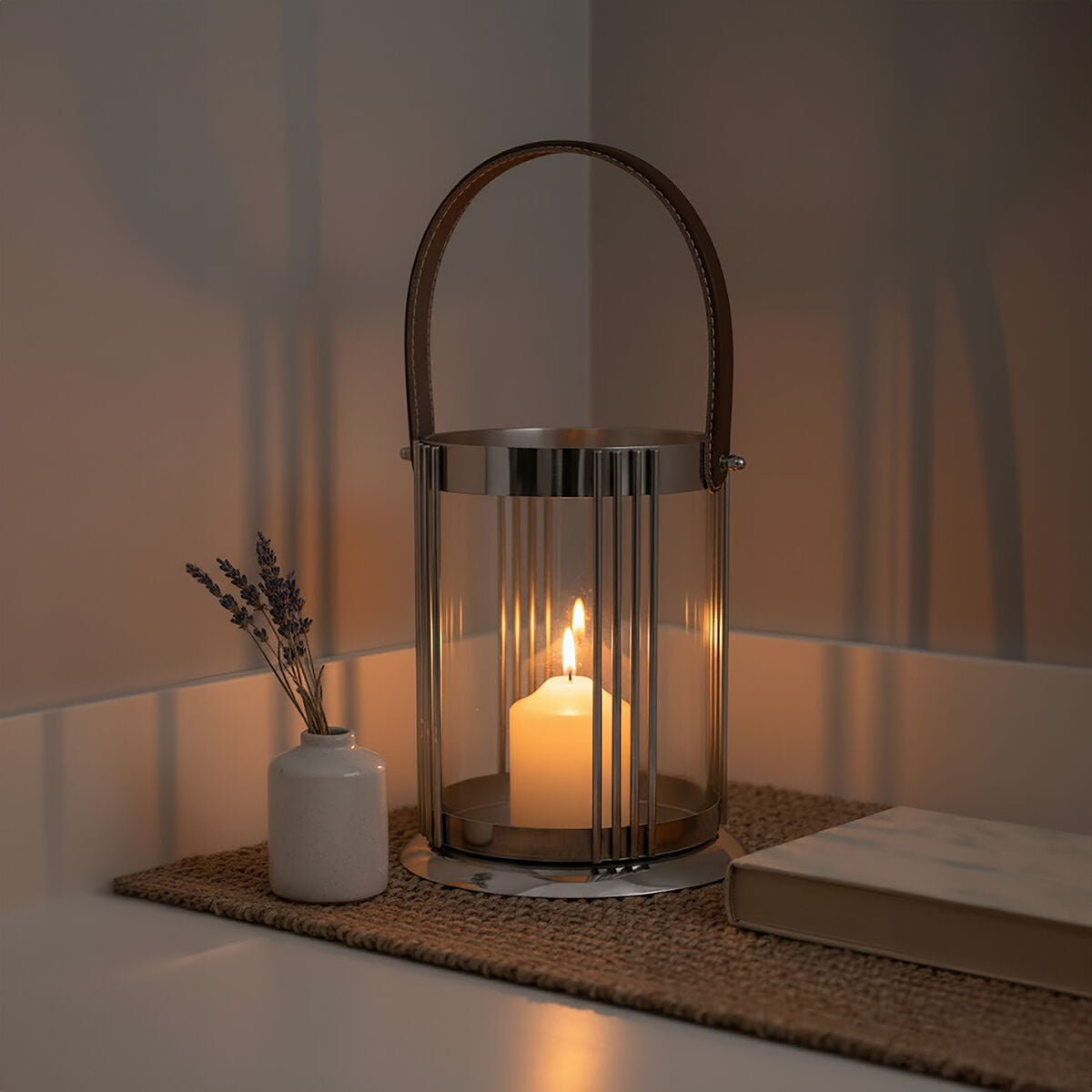 Orsina Astro Small Silver Lantern – Modern Steel and Glass Candleholder