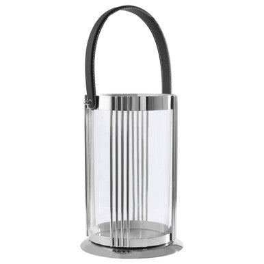 Orsina Astro Large Silver Lantern | Modern Steel and Glass with Leather Handle