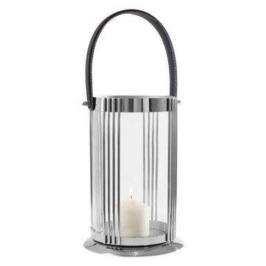 Orsina Astro Large Silver Lantern | Modern Steel and Glass with Leather Handle