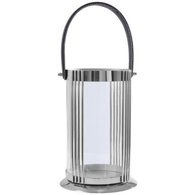 Orsina Astro Large Silver Lantern | Modern Steel and Glass with Leather Handle