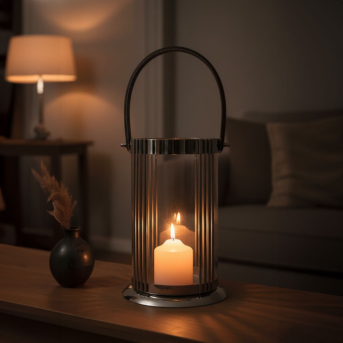 Orsina Astro Large Silver Lantern | Modern Steel and Glass with Leather Handle