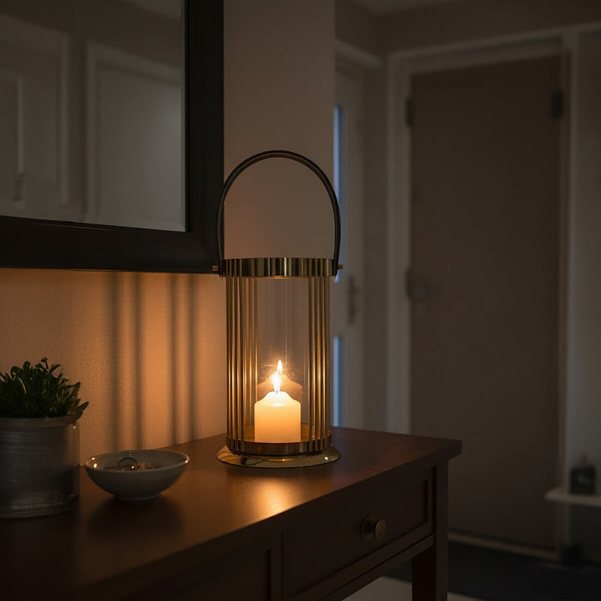 Orsina Astro Large Gold Lantern – Steel and Glass with Leather Handle