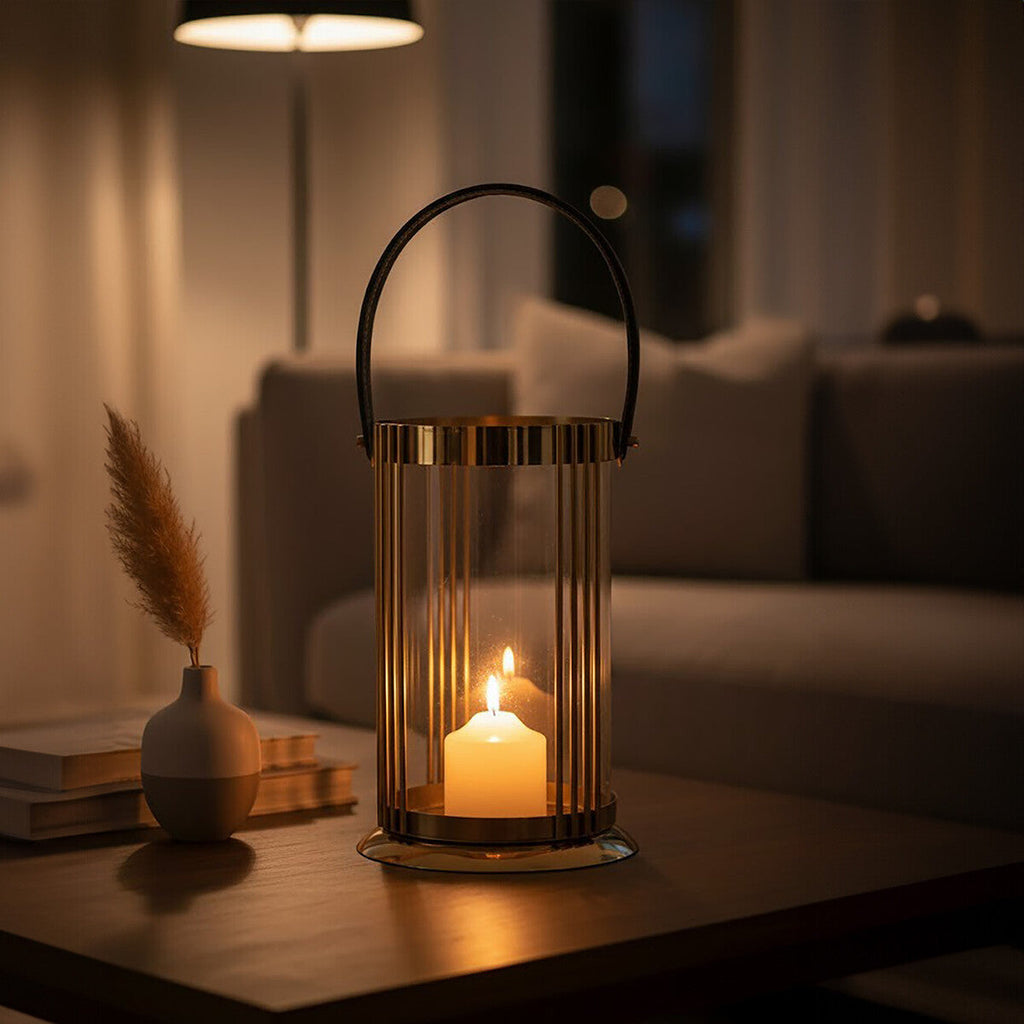 Orsina Astro Large Gold Lantern – Steel and Glass with Leather Handle