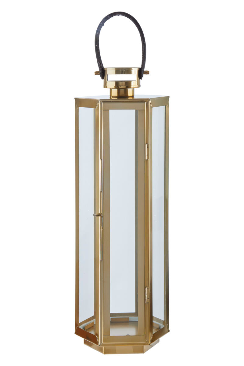 Orsina Gold Finish Lantern with Leather Handle – Medium Glass Pillar