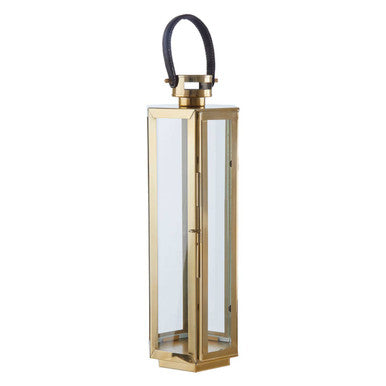 Orsina Gold Finish Lantern with Leather Handle – Medium Glass Pillar