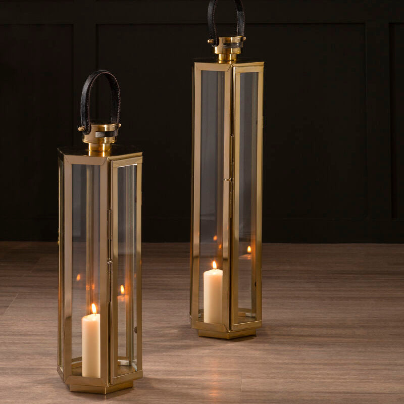 Orsina Gold Finish Lantern with Leather Handle – Medium Glass Pillar