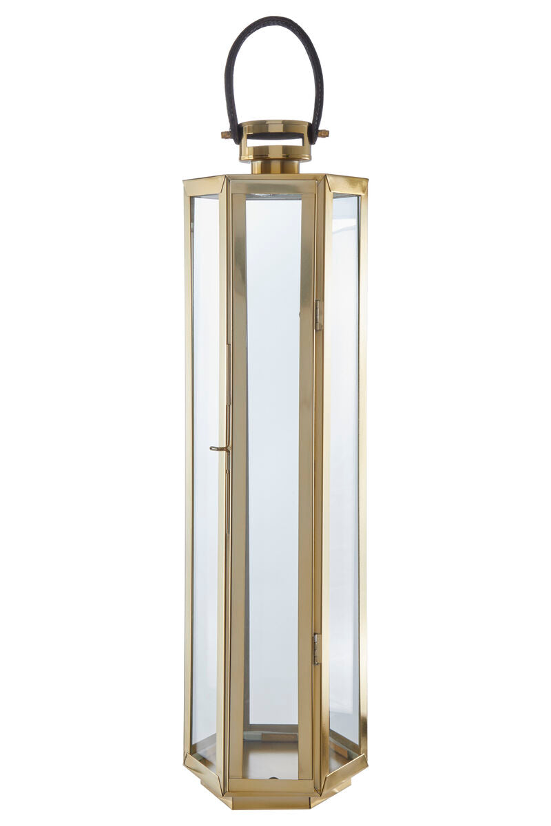 Orsina Herber Gold Lantern – Small Hexagon Glass with Leather Handle