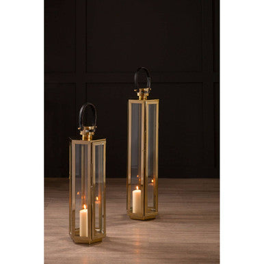 Orsina Herber Large Gold Lantern with Leather Handle - Glass & Steel