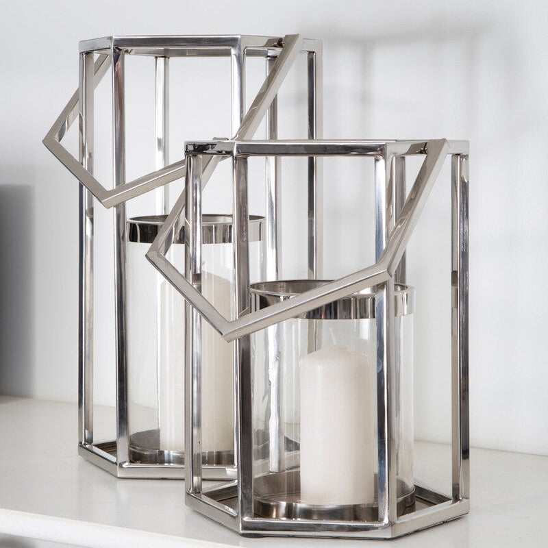 Orsina Herber Large Silver Hexagonal Lantern | Stainless Steel & Glass