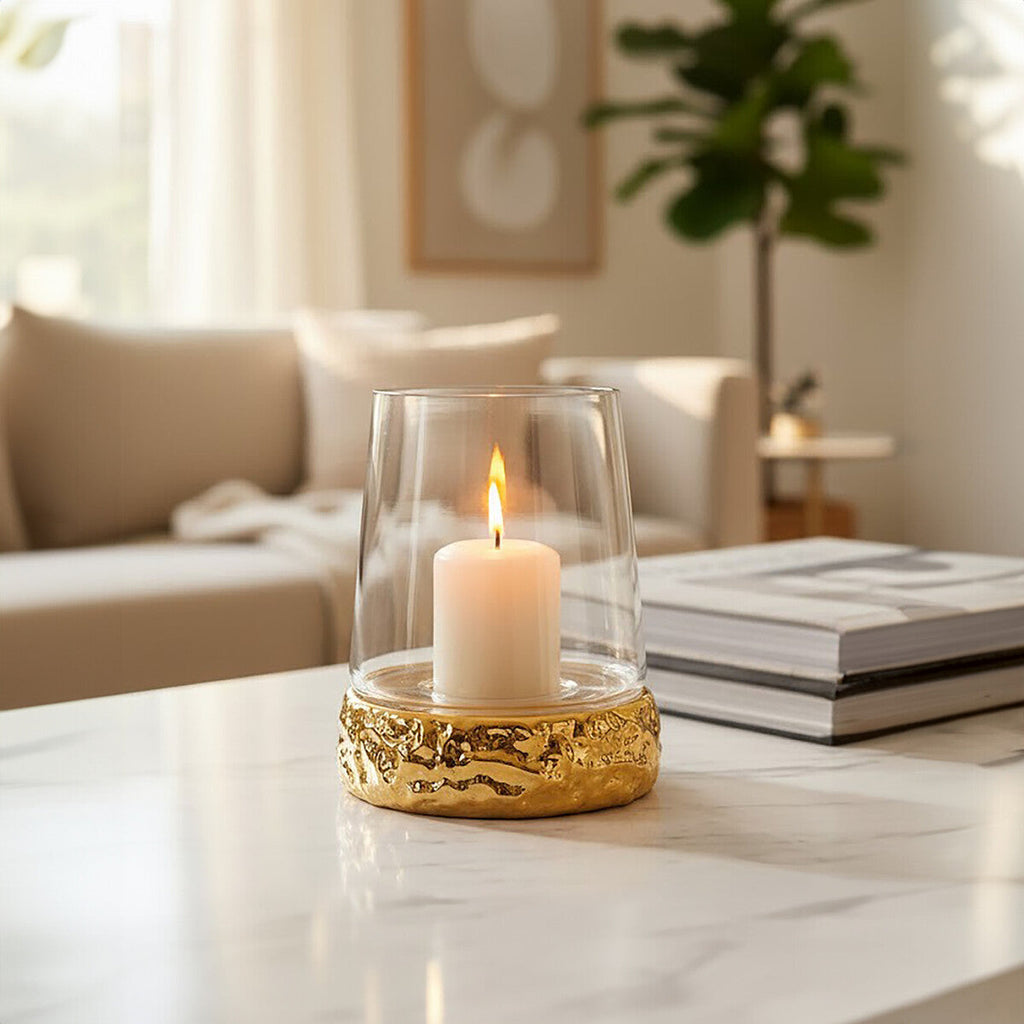 Orsina Martele Small Gold Hurricane Candle Holder | Hammered Metal